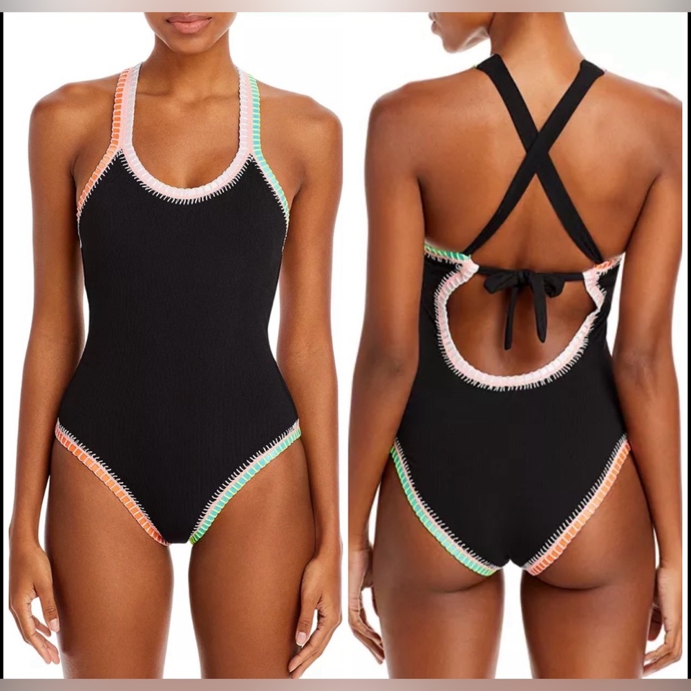 Black One-Piece Swimsuit with Multicolor Trim
